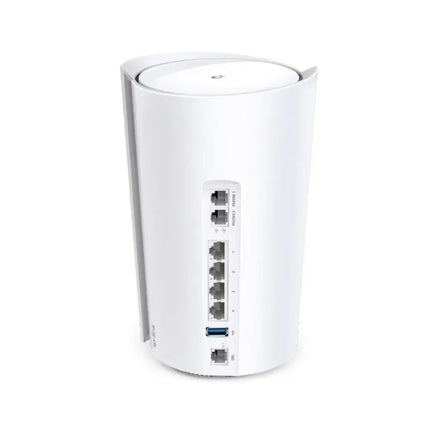 Rear view of the TP-Link Deco X73-DSL mesh router showing the DSL phone port, multiple gigabit Ethernet ports, and USB port.