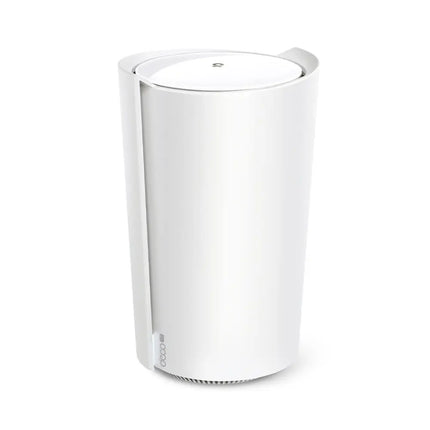 TP-Link Deco X80-5G Whole Home Wi-Fi 6 Mesh Gateway and 5G Router, white cylindrical unit shown from the front.