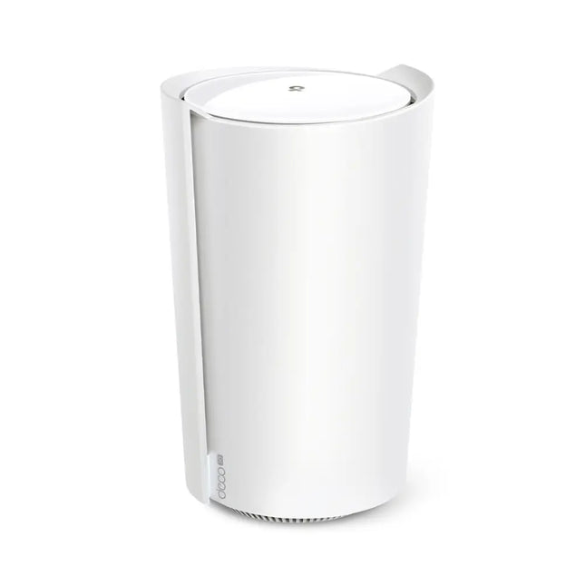 TP-Link Deco X80-5G Whole Home Wi-Fi 6 Mesh Gateway and 5G Router, white cylindrical unit shown from the front.
