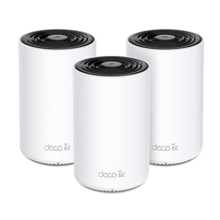 A 3-pack bundle of the white TP-Link Deco XE75 AXE5400 tri-band mesh Wi-Fi 6E system units standing upright in a clean design.