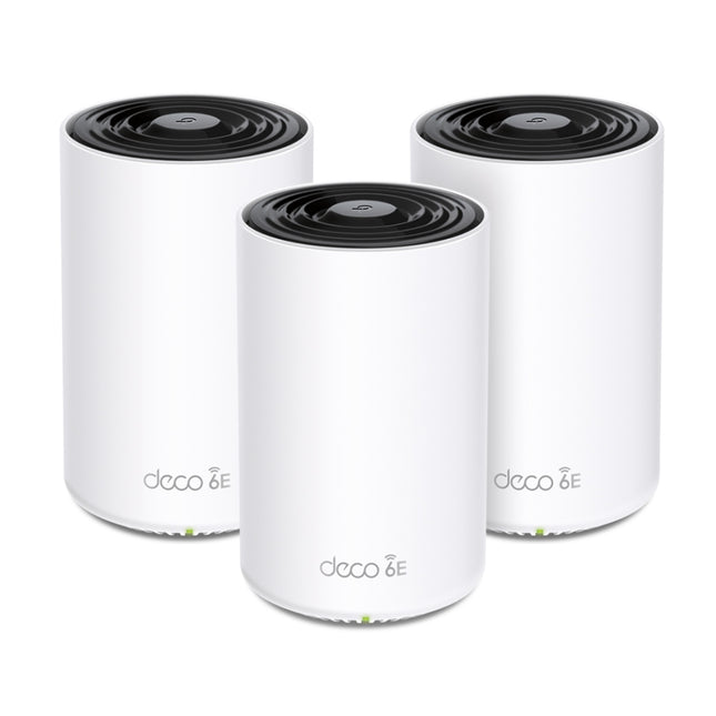 A 3-pack bundle of the white TP-Link Deco XE75 AXE5400 tri-band mesh Wi-Fi 6E system units standing upright in a clean design.