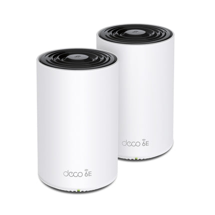 TP-Link Deco XE75 AXE5400 Tri-Band Whole Home Mesh Wi-Fi 6E system units showing their sleek, cylindrical white tower design.