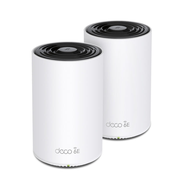 TP-Link Deco XE75 AXE5400 Tri-Band Whole Home Mesh Wi-Fi 6E system units showing their sleek, cylindrical white tower design.