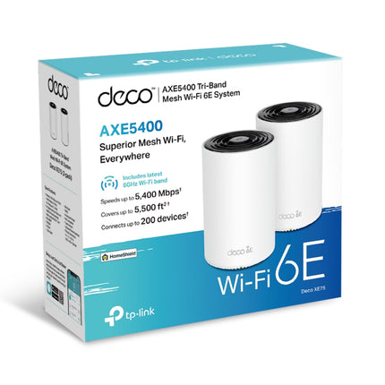 Front view of the official retail packaging for the TP-Link Deco XE75 AXE5400 Tri-Band Mesh Wi-Fi 6E System, Australian stock.