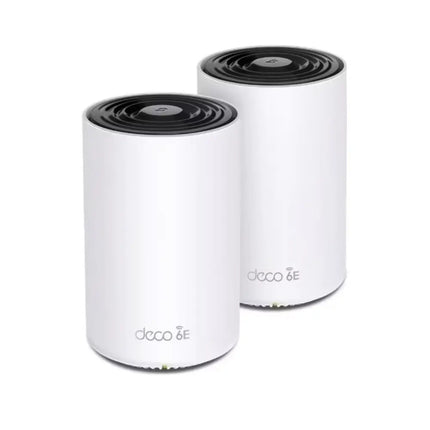 TP-Link Deco XE75 Pro AXE5400 tri-band whole home mesh Wi-Fi 6E system, 2-pack bundle of modern white cylindrical nodes.