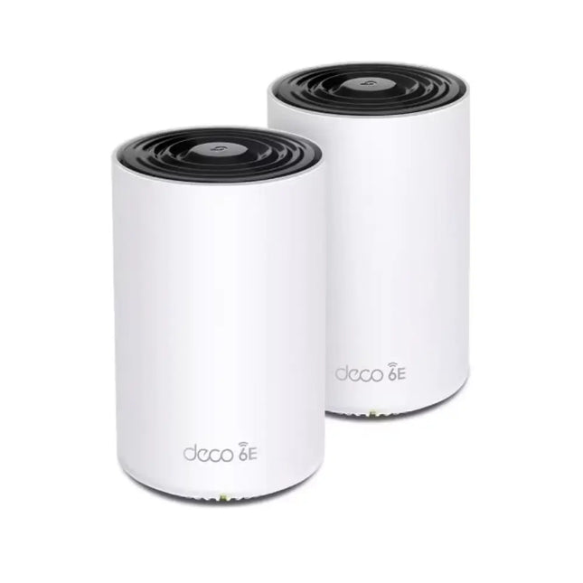 TP-Link Deco XE75 Pro AXE5400 tri-band whole home mesh Wi-Fi 6E system, 2-pack bundle of modern white cylindrical nodes.