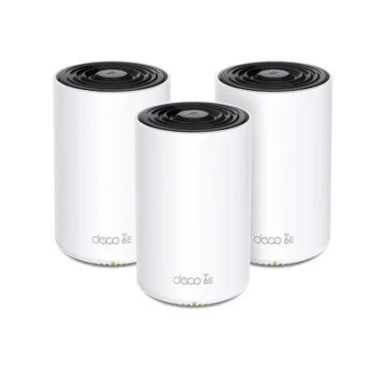 TP-Link Deco XE75 Pro AXE5400 tri-band whole home mesh Wi-Fi 6E system, 3-pack bundle of sleek white cylindrical nodes.