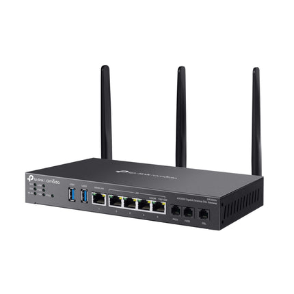 Rear interface panel of the DR3650v gateway showing the DSL phone lines, VoIP port, and Gigabit Ethernet ports.