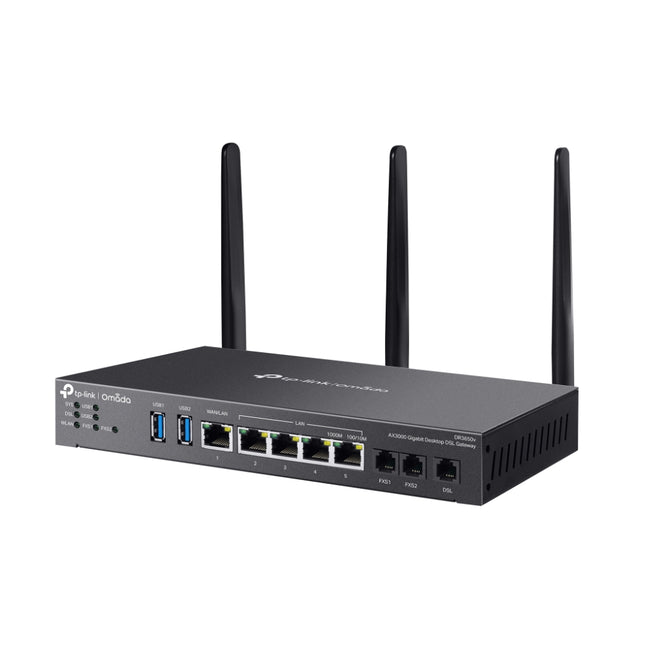 Rear interface panel of the DR3650v gateway showing the DSL phone lines, VoIP port, and Gigabit Ethernet ports.