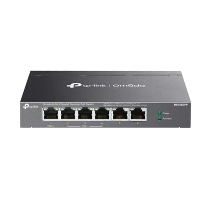 TP-Link DS106GPP 6-port gigabit desktop network switch with 4 ultra-high-power PoE++ ports in a rugged black metal casing.