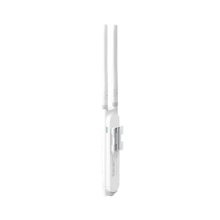 TP-Link Omada EAP110 outdoor wireless access point securely pole-mounted outside a building, showing its weather-resistant construction.