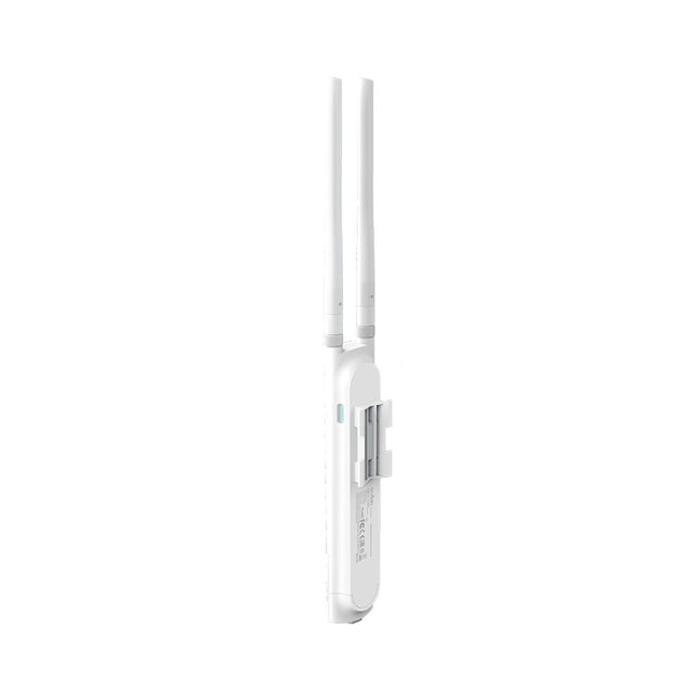 TP-Link Omada EAP110 outdoor wireless access point securely pole-mounted outside a building, showing its weather-resistant construction.
