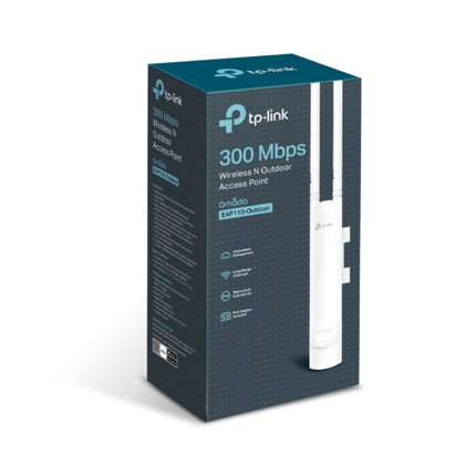 The complete retail box hardware kit for the TP-Link EAP110-Outdoor including the access point unit, pole mounting ties, wall anchors, and passive PoE adapter.