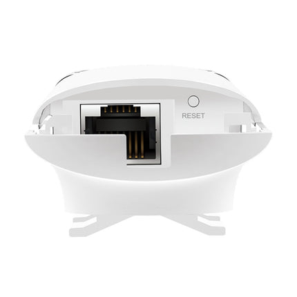 Close-up view of the bottom waterproof cover removed on the EAP110-Outdoor access point, revealing the single Passive PoE Fast Ethernet port.