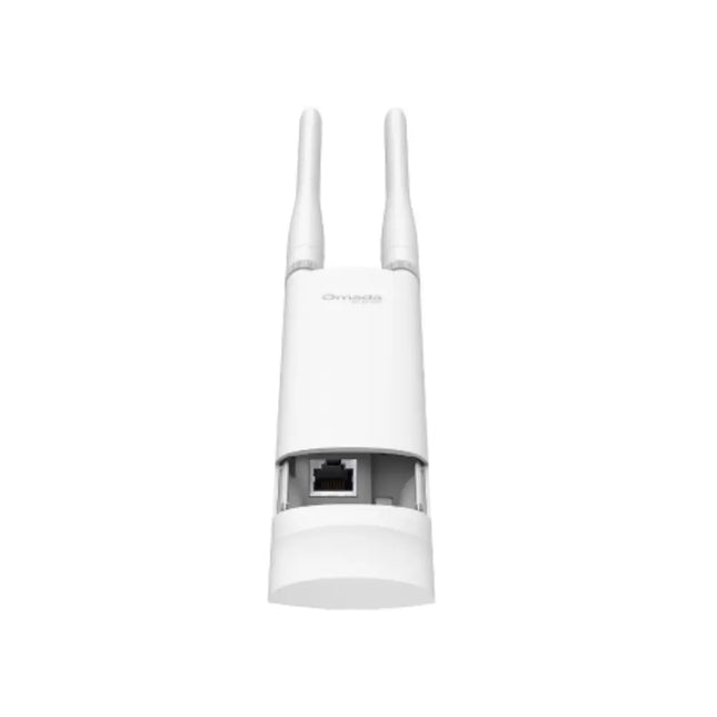 Bottom view of the TP-Link EAP225-Outdoor access point with the weatherproof cover removed, showing the passive PoE gigabit Ethernet port and grounding terminal.
