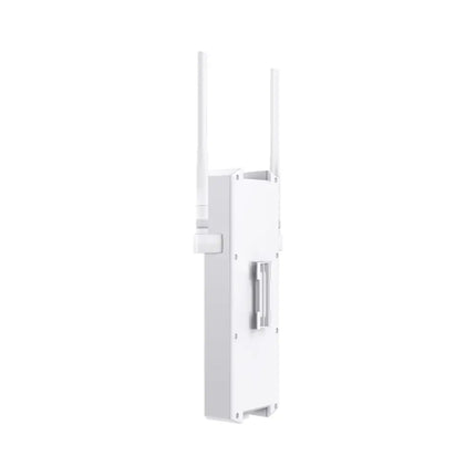 TP-Link Omada EAP625-Outdoor HD Wi-Fi 6 access point pole-mounted outside an office building, demonstrating its IP67 weatherproofing.