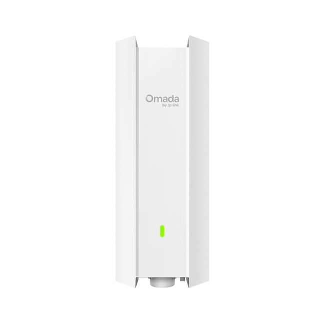 TP-Link EAP650-Outdoor AX3000 Wi-Fi 6 access point front view, showing its long-range white chassis and high-performance antennas.