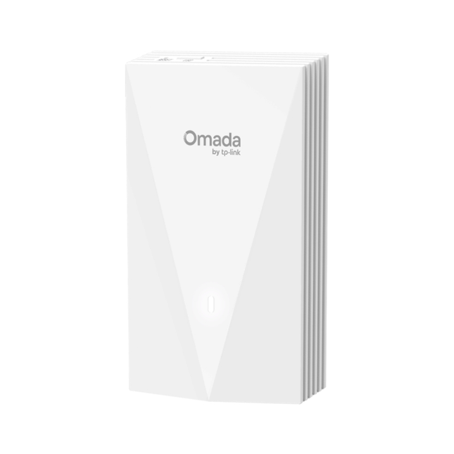 TP-Link EAP655-Wall AX3000 Wall Plate WiFi 6 Access Point mounted on a wall, showing its slim white design.