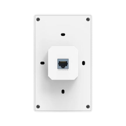 leek TP-Link EAP725-Wall Wi-Fi 7 access point mounted seamlessly on a hotel room wall plate.