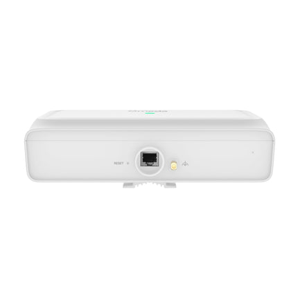 Back view of the EAP772-Outdoor wireless access point attached to a mounting bracket, displaying options for commercial wall and pole installation.