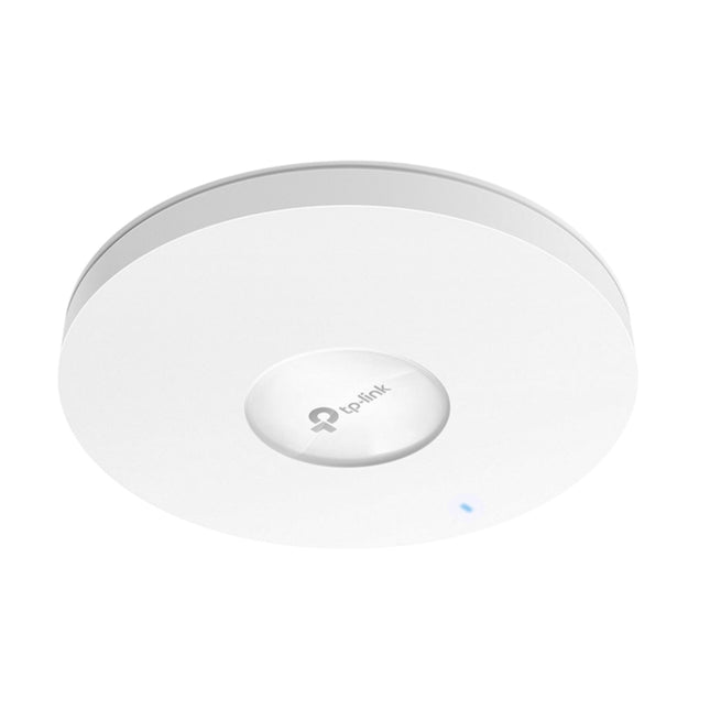 TP-Link Omada EAP772 ultra-thin enterprise Wi-Fi 7 access point mounted on a commercial office ceiling.
