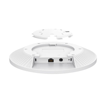 TP-Link Omada EAP773 enterprise Wi-Fi 7 access point mounted cleanly on a commercial office ceiling.