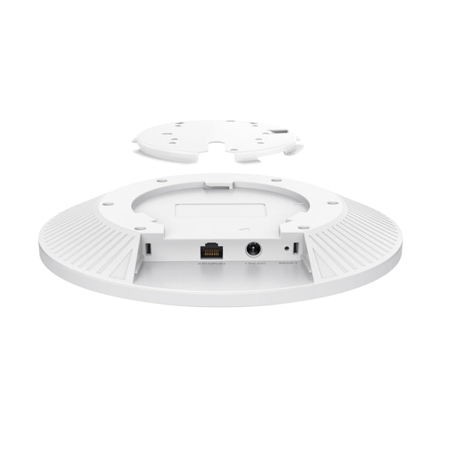 TP-Link Omada EAP773 enterprise Wi-Fi 7 access point mounted cleanly on a commercial office ceiling.