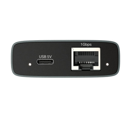 Close-up of the compact TP-Link EH210 network splitter highlighting its plug-and-play design and USB power port.