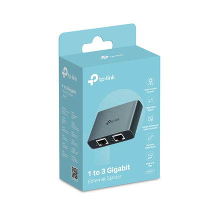 Unboxed view of the TP-Link EH310 package, displaying the 1 to 3 splitter hub, the included USB-C power cable, and a Cat 5e Ethernet cable.