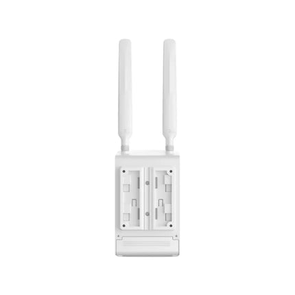 An installed Omada ER603WP-4G-Outdoor router mounted securely to an outdoor pole, showcasing its rugged design for remote network environments.