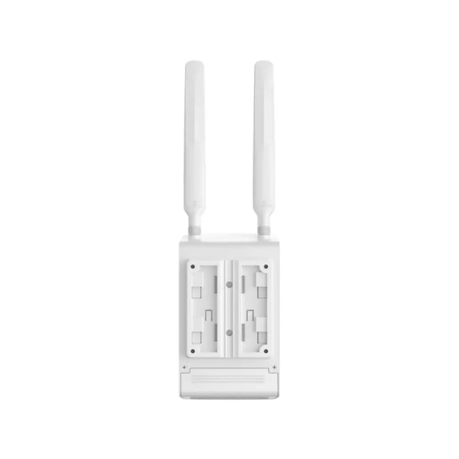 An installed Omada ER603WP-4G-Outdoor router mounted securely to an outdoor pole, showcasing its rugged design for remote network environments.
