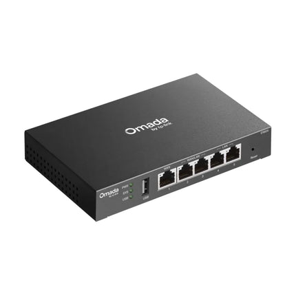 Close-up of the TP-Link ER605 VPN router's steel casing and LED indicators, representing its support for high-security VPN protocols including IPsec, PPTP, and L2TP.