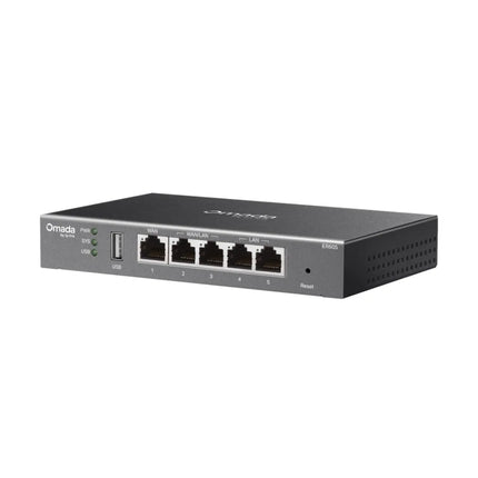 The Omada ER605 router integrated into a business rack setup, highlighting its compatibility with the Omada SDN platform for centralized cloud management and remote monitoring.