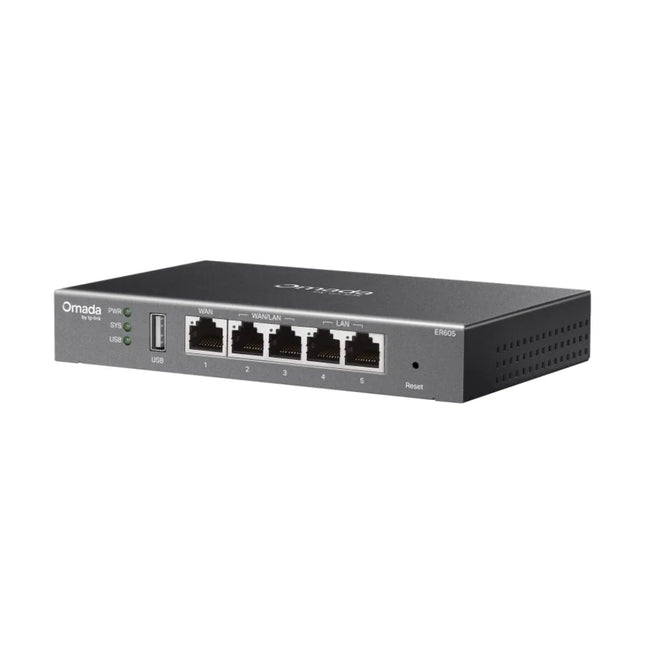 The Omada ER605 router integrated into a business rack setup, highlighting its compatibility with the Omada SDN platform for centralized cloud management and remote monitoring.