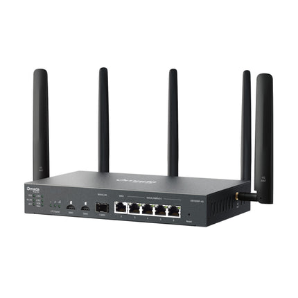 Front port connectivity panel of the ER706WP-4G showcasing the 4-port PoE+ outputs, Gigabit WAN/LAN ports, and the SFP fiber slot.
