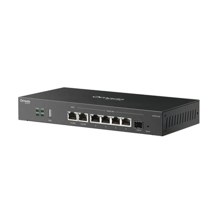 Front view of the TP-Link Australia ER707-M2 multi-gigabit VPN gateway showing the metal chassis, RJ45 ports, and SFP slots.