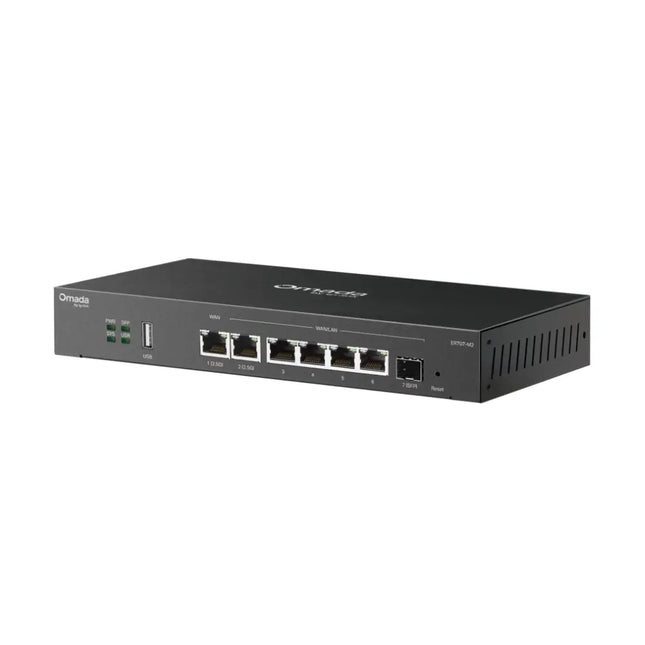 Front view of the TP-Link Australia ER707-M2 multi-gigabit VPN gateway showing the metal chassis, RJ45 ports, and SFP slots.