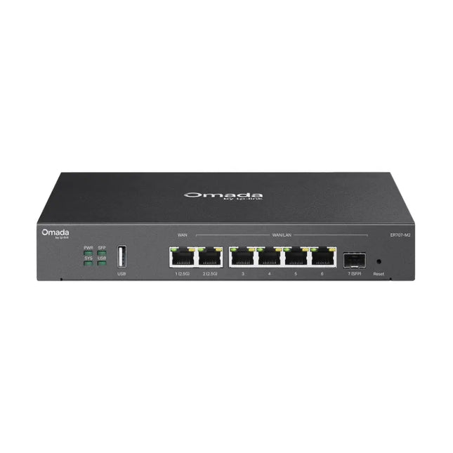 TP-Link ER707-M2 Omada Multi-Gigabit VPN Gateway featuring dual 2.5G ports for ultra-fast enterprise and business connectivity.