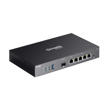 Close-up of the hardware ports and power input on the TP-Link Omada ER7206 Gigabit VPN Router.