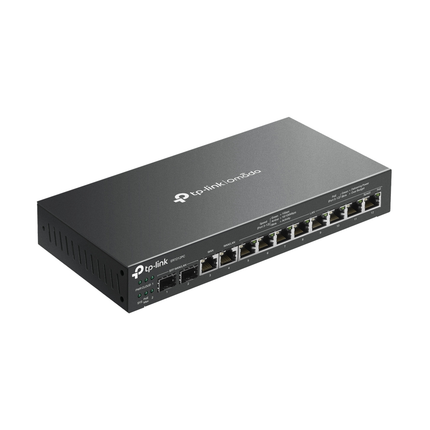 TP-Link ER7212PC 3-in-1 central management gateway combining a router, PoE switch, and Omada controller in a small office setup.