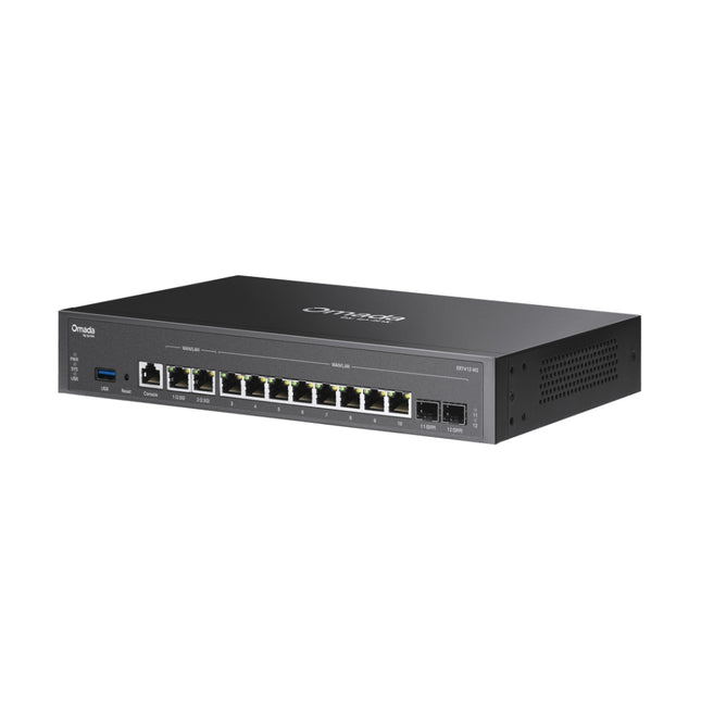Front panel view of the ER7412-M2 enterprise gateway showcasing multi-gigabit Ethernet and SFP ports.