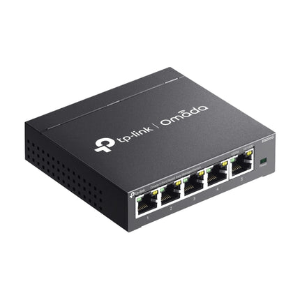 TP-Link Omada ES205G switch demonstrating a compact design optimized for essential network management like VLAN, QoS, and IGMP Snooping.