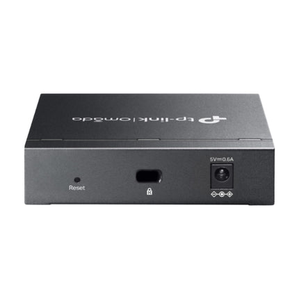 Side profile of the fanless, completely silent TP-Link Omada ES205G metal switch, perfect for noise-sensitive home offices.