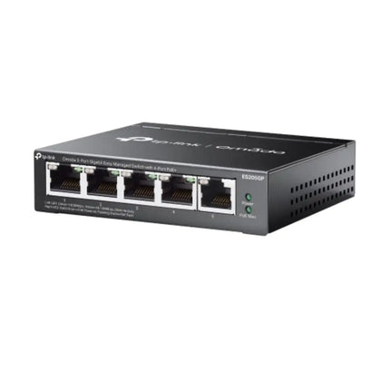 Angled profile shot of the compact, fanless dark grey steel chassis of the Omada ES205GP desktop network switch.