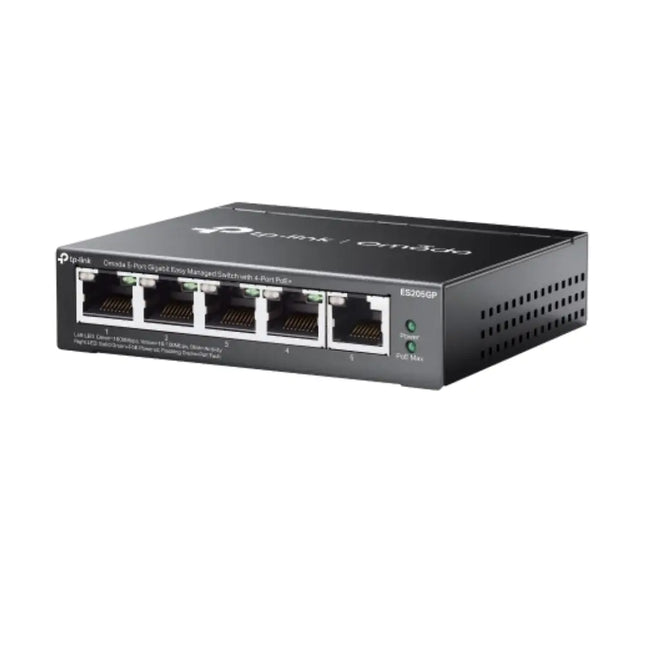 Angled profile shot of the compact, fanless dark grey steel chassis of the Omada ES205GP desktop network switch.