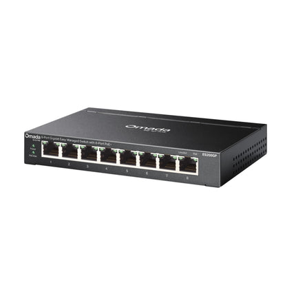 Front layout view of the ES208GP switch showing 8 Gigabit RJ45 ports featuring concurrent Power over Ethernet Plus functionality.