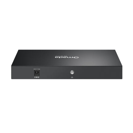 Side view of the fanless, silent-running TP-Link Omada ES210X-M2 2.5G switch showing its compact metal chassis and ventilation slots.
