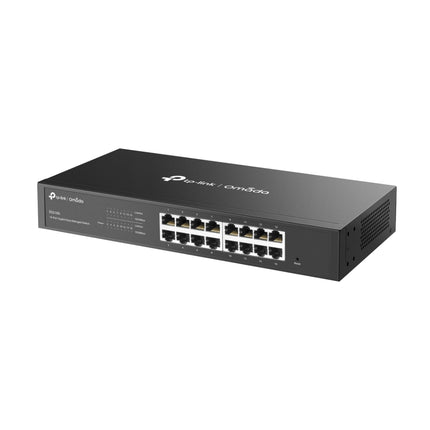 Close-up of the 16 RJ45 Gigabit Ethernet ports and LED status indicator lights on the front panel of the Omada ES216G switch.