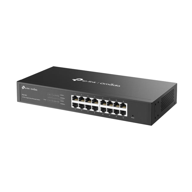 Close-up of the 16 RJ45 Gigabit Ethernet ports and LED status indicator lights on the front panel of the Omada ES216G switch.