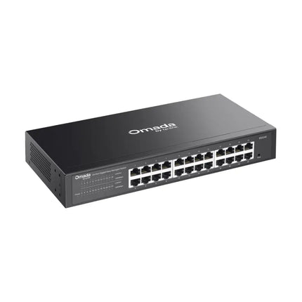 Angled view of the durable 19-inch steel enclosure on the Omada ES224G business switch.